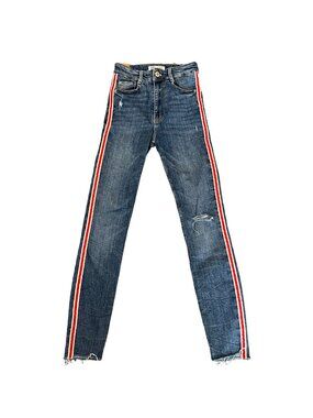 Zara High Rise Distressed Skinny Jeans Red White Stripe Piping Size 26